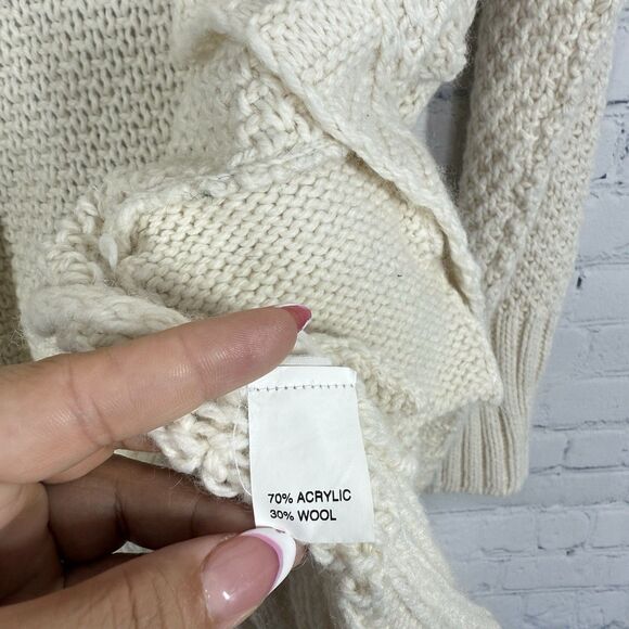 Wool Cardigan Women Medium Ivory Long Cable Knit Open Front Cottage Sweater - Picture 5 of 11